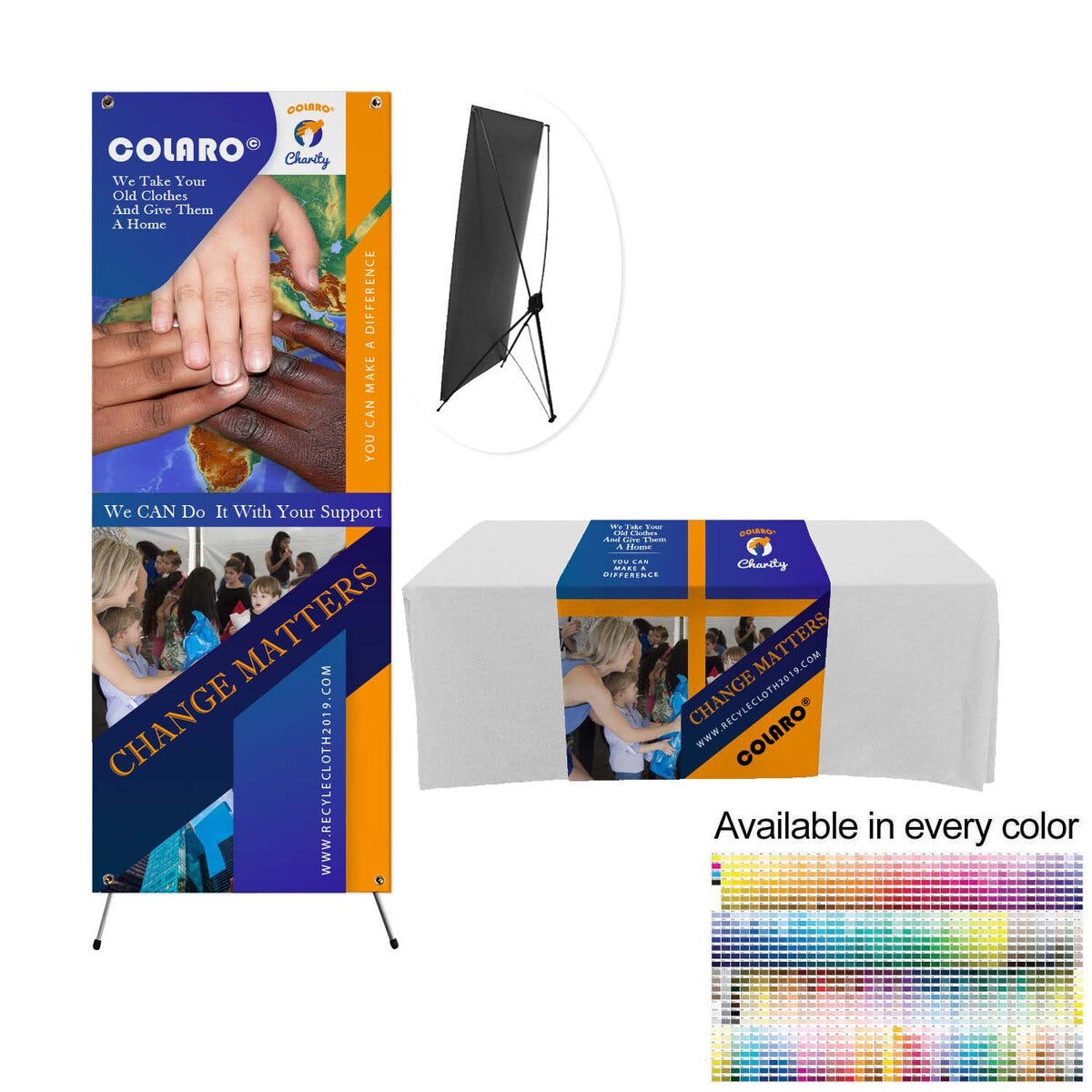 Tradeshow Package, Banner with X-Stand + Sublimated Tablerunner, Easy to setup