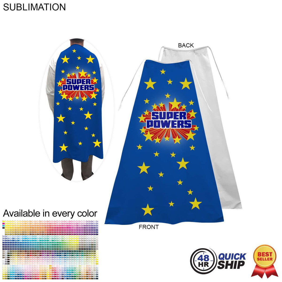 Super Hero Cape, Adult size, Neck Ties, Polyester Fabric, Sublimated Edge to Edge