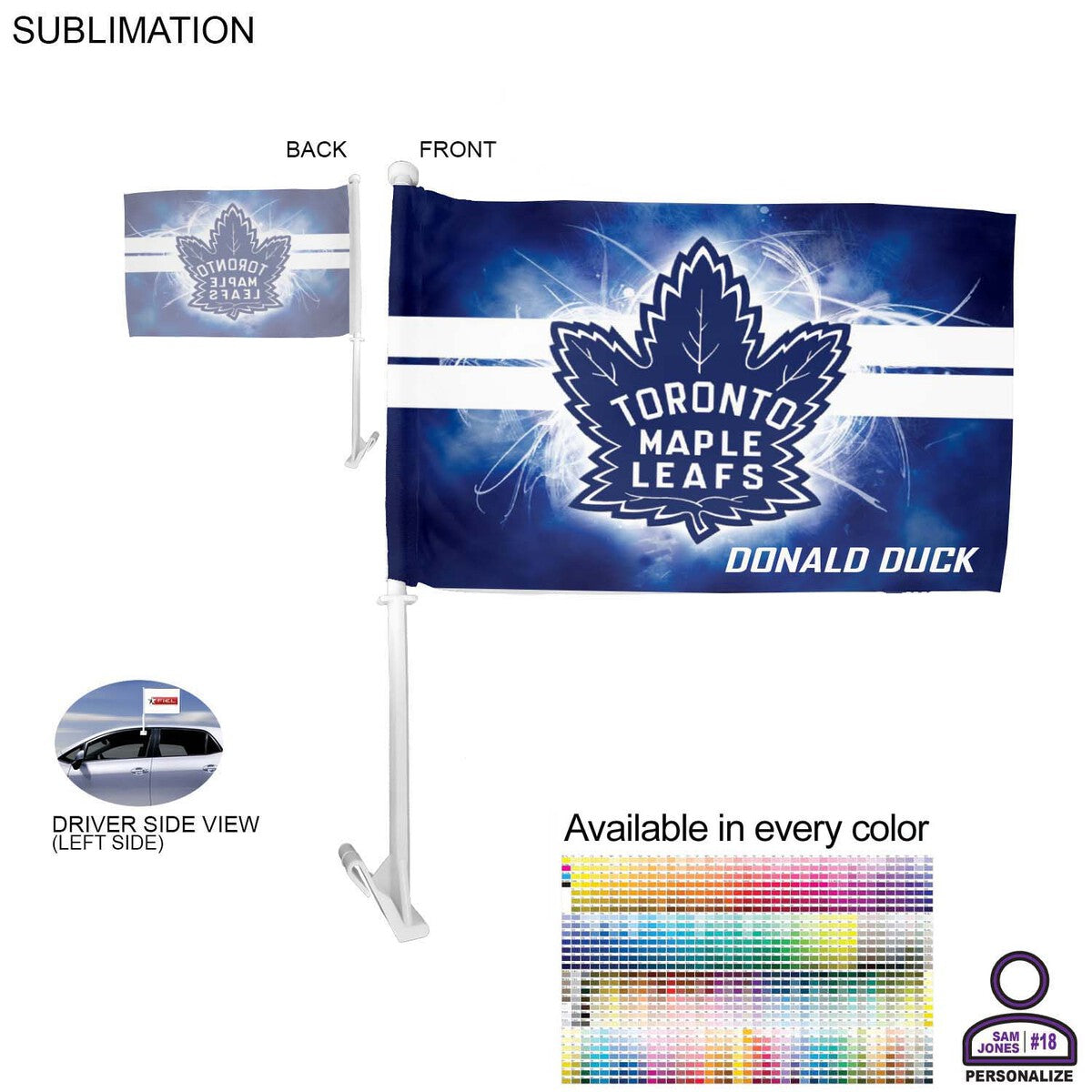 Personalized Premium Car Flag, 12x18, 110gsm, Polyester, 20" heavy duty pole, Sublimated 1 side